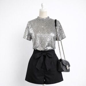 ZARA Silver Sequin Short Sleeve Top – Size M
